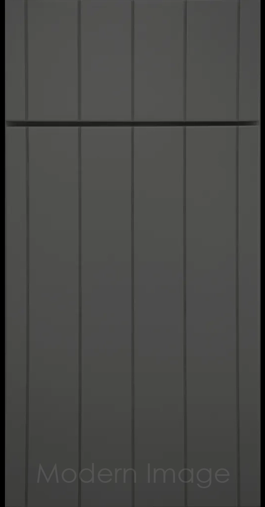 Brooklyn Flat-Panel Cabinet Door with 5 evenly spaced Vertical Grooves, Gun Metal color.